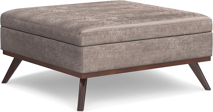 SIMPLIHOME Owen 40 inch Wide Mid Century Modern Square XL Coffee Table Storage Ottoman in Distressed Grey Taupe Vegan Faux Leather, Assembled, for The Living Room, Entryway and Family Room