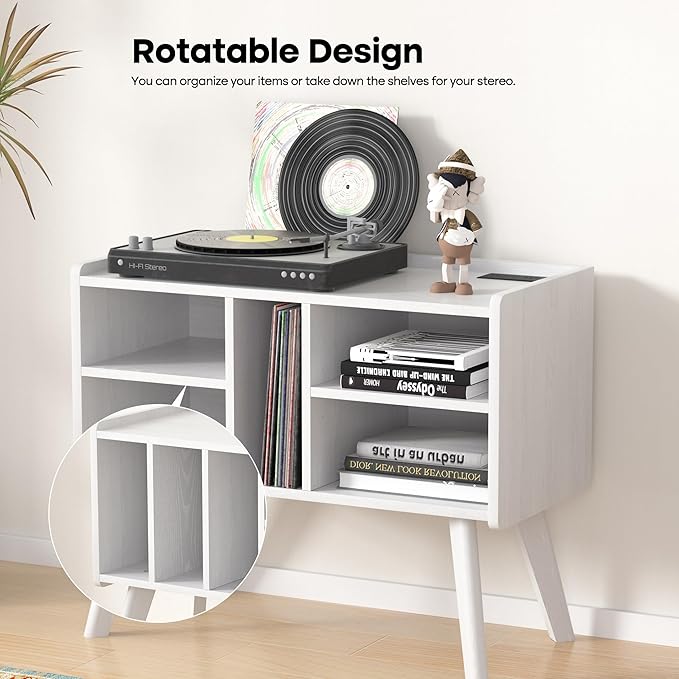 Forevich Record Player Stand Table with Vinyl Storage Holder Large Turntable Record Stand with Power Outlet Holds Up to 220 Albums Display Shelf Cabinet with Wood Legs for Living Room White