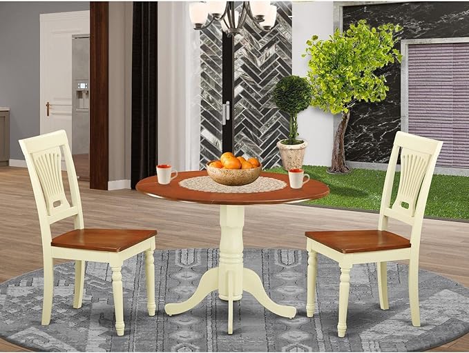 East West Furniture DLPL3-BMK-W 3 Piece Kitchen Table Set for Small Spaces Contains a Round Dining Table with Dropleaf and 2 Dining Room Chairs, 42x42 Inch, Buttermilk & Cherry
