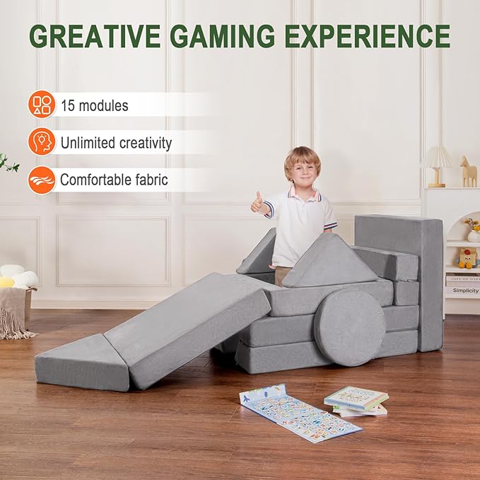 Modular Kids Play Couch 15PCS, Convertible Toddler Floor Sofa Set, Foam Play Sofa for Boys & Girls, Versatile Kids Furniture for Playroom, Climbing, Reading, Relaxing