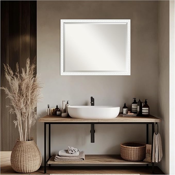 Amanti Art White Bathroom Mirror for Over Sink, 24x30 Bethany White Rectangle Vanity Mirror, Large Traditional Wood Frame, Hangs Horizonally and Vertically, Bathroom Wall Decor, Beveled Edge