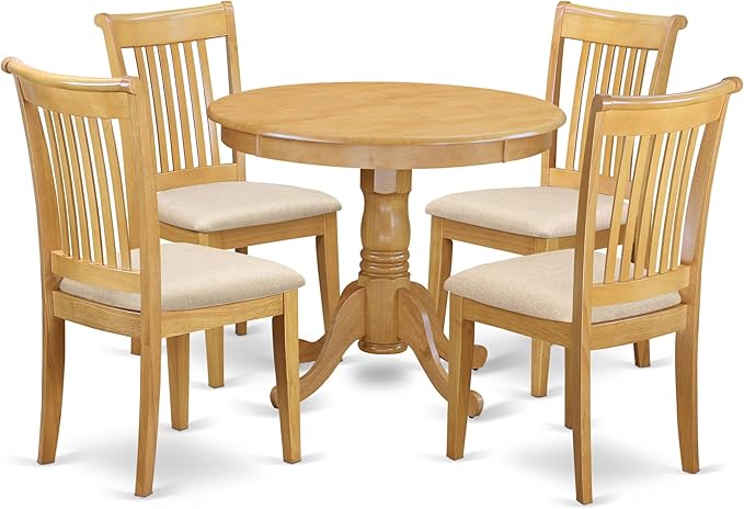 East West Furniture ANPO5-OAK-C 5 Piece Modern Dining Table Set Includes a Round Kitchen Table with Pedestal and 4 Linen Fabric Dining Room Chairs, 36x36 Inch, Oak