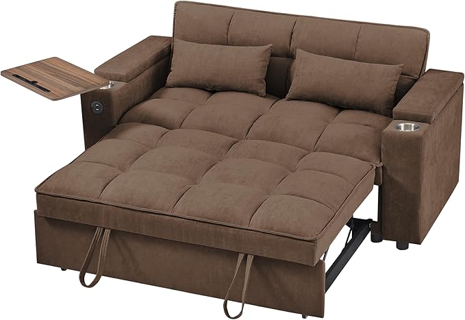 65-inch Multifunctional Loveseat Pull Out Sleeper Sofabed W/Cupholders, Oversized 3-in-1 Convertible Love Seat with Pull-Out Sleeper Couch Bed, Storage, USB Ports, Side Table for Living Room Bedroom