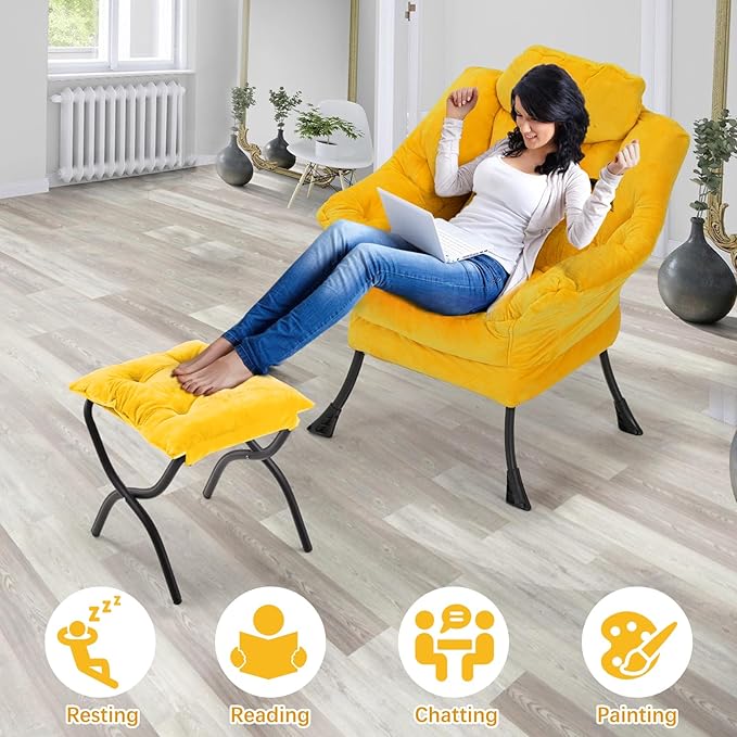 Lazy Chair with Folding Ottoman,Leisure Sofa Chair,Soft Fabric Armchair with Armrests and Side Pockets, Reading Chair with Footrest for Living Room, Bedroom, Office (Plush Yellow)