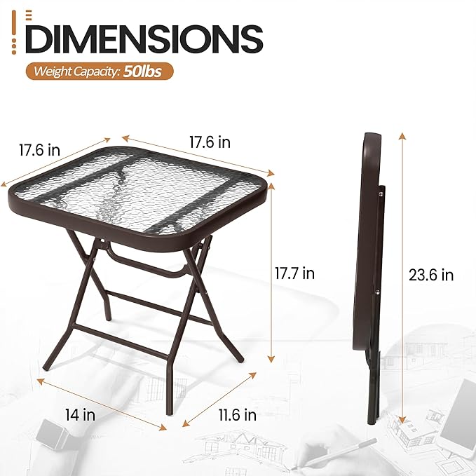 Foldable Outdoor Side Table with Tempered Glass Top Square 18" Folding Patio Side Table Small Glass End Tables for Patio Porch Yard Balcony Deck Lawn Dining Garden (Brown)