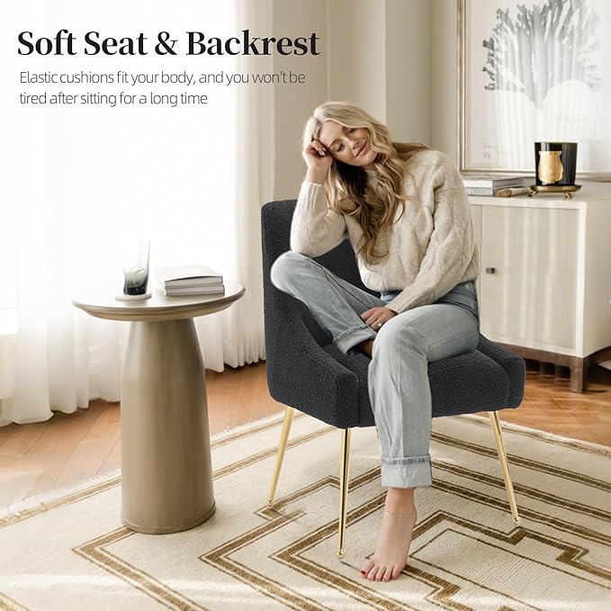 Modern Velvet Dining Chairs Set of 4, Contemporary Upholstered Furniture Collection with Polished Gold Metal Legs, Elegant Accent Chairs for Kitchen Living Room(Teddy Fleece,Black)