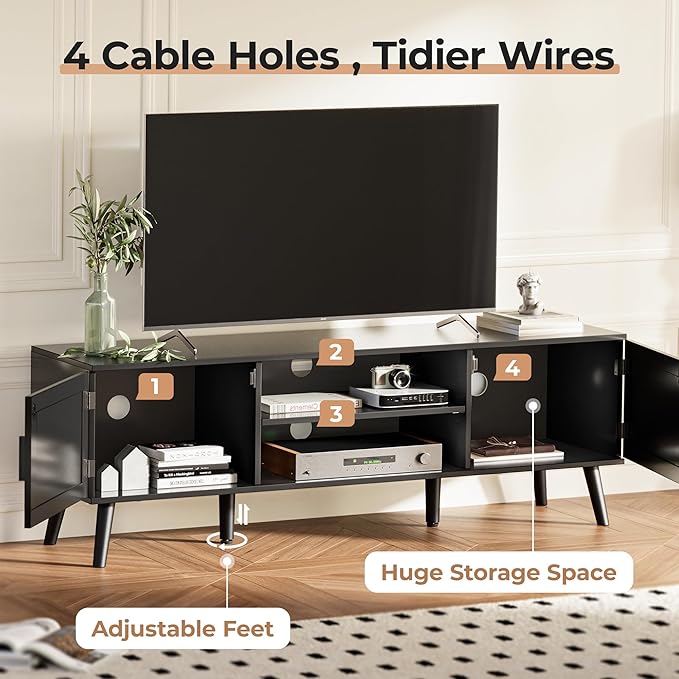 SUPERJARE TV Stand for 65 Inch TV, Entertainment Center with Adjustable Shelf, Rattan TV Console with 2 Cabinets, Media Console, Solid Wood Feet, 4 Cord Holes, for Living Room, Black-8750B