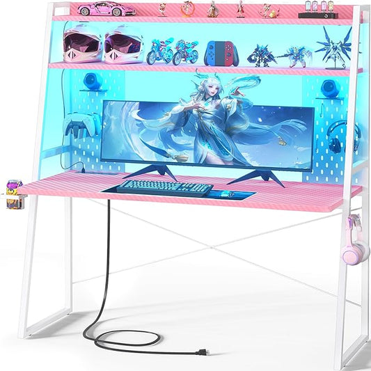 Gaming Desk with Hutch and LED Lights, Gaming Computer Desk with Power Outlets, Gamer Desk with Storage Shelves, PC Game Desk with Pegboards for Bedroom, Carbon Fiber Pink, 49"