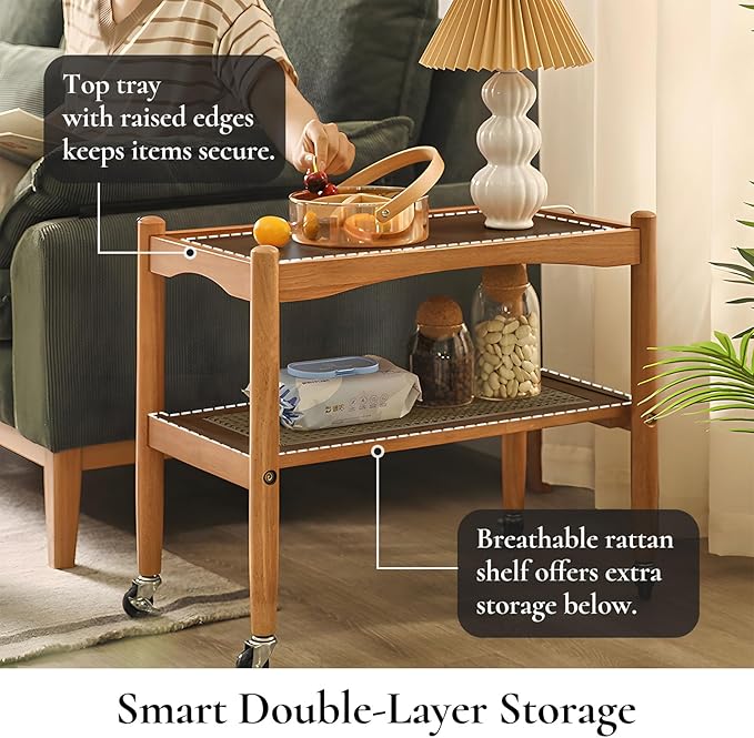 Rattan Side Table with Wheels, Small End Table with Storage, Narrow Wooden Bed Side Table for Living Room, Modern Slim Sofa Nightstand, 23.43" W*12.99" D*19.69" H, (Natural)