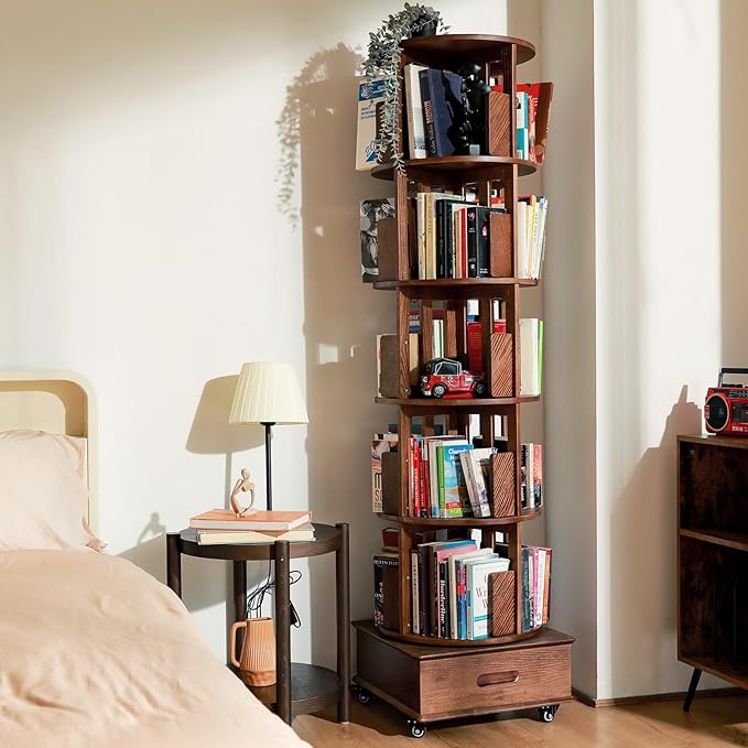 ZZV Solid Wood Rotating Bookshelf, 360° Display Bookcase with 1 Drawer, Spinning Bookshelf Tower with Wheels, 72 inch Tall Bookcase for Small Space, Revolving Book Shelf for Home Office, Walnut Finish