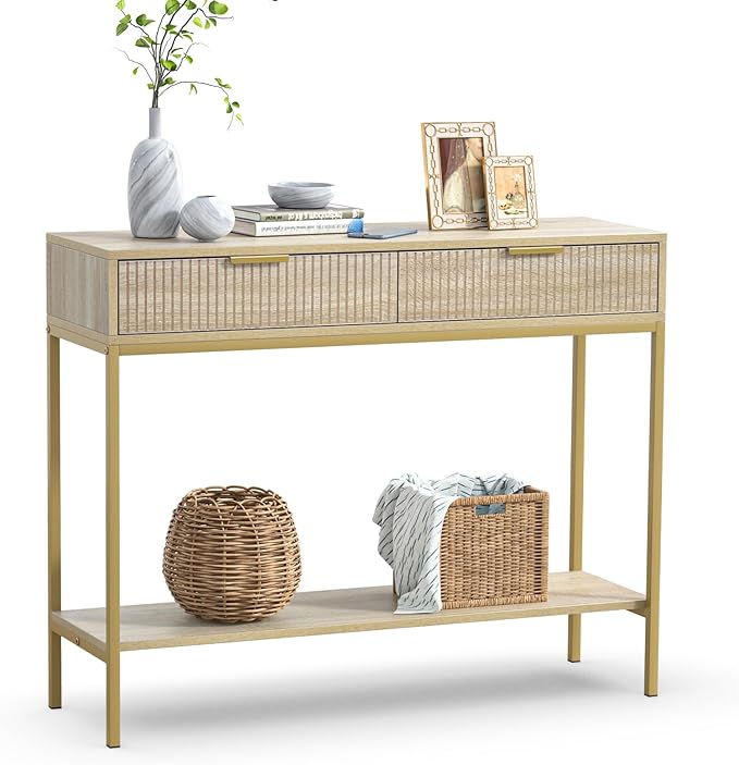 Anmytek Console Table with Storage, Wood Entryway Table with 2 Drawers, Narrow Long Sofa Table Hallway Foyer Table with Storage Shelves Behind Couch Table for Living Room, H0117