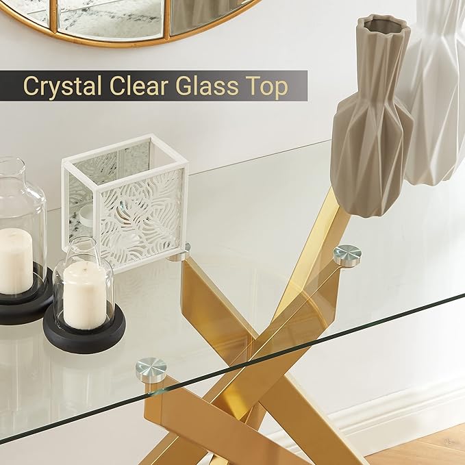 Modern Cross-Leg Console Table with 8mm Tempered Glass - Gold Geometric Entryway Table for Living Room & Bedroom, 45”Lx18”Wx30”H (Luxury Gold Finish)