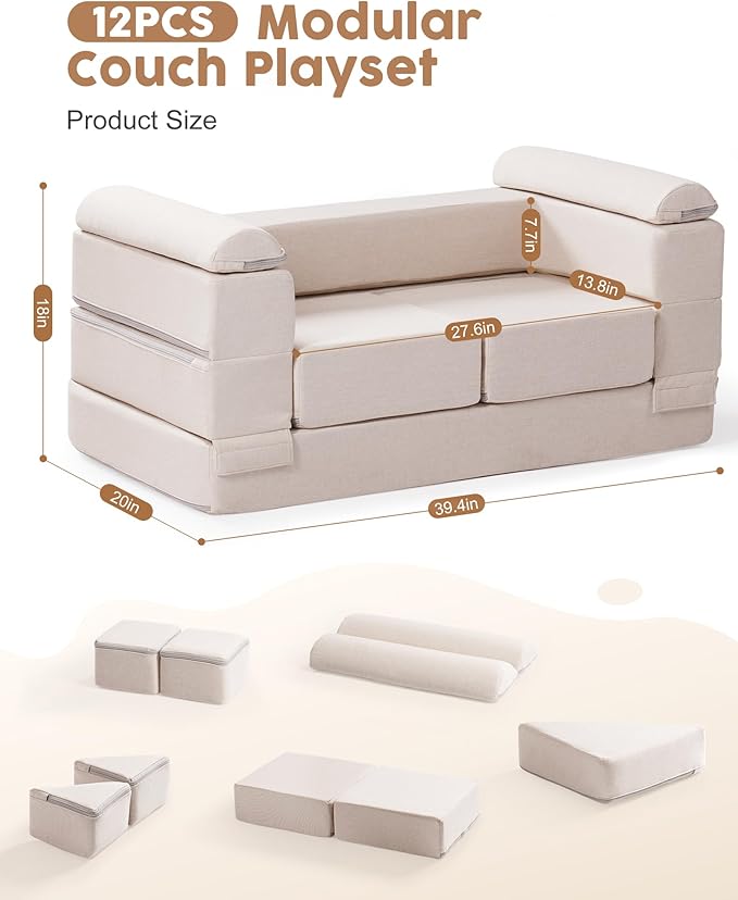 ROBUD Kids Couch, Beige Modular Kids Play Couch, DIY-Style & Washable Toddler Sofa for Playroom, Bedroom, Nursery, WG411