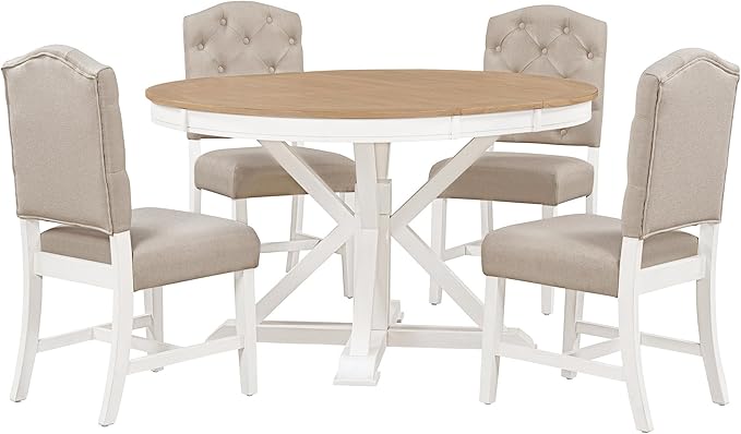 SogesPower 5-Piece Round Farmhouse Retro Dining Table Set for 4, Space-Saving Kitchen Table Set with Extendable Table and 4 Upholstered Chairs for Dining Room Living Room,Oak Natural Wood