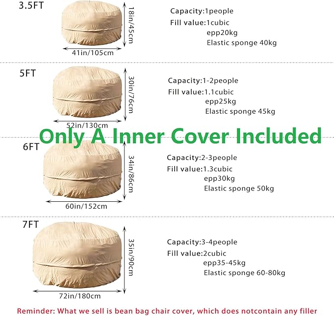 Reusable Beanbag Chair Inner Lining Cover for Pack Bean Filler EPP EPS Shredded Memory Foam and Wash Needs, 5FT