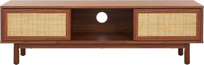 SAFAVIEH Aino TV Stand for up to 60" Flatscreen – Walnut Brown, 2 Sliding Doors with Interior Storage, 1 Open Shelf, Entertainment Media Console (MED9619A)