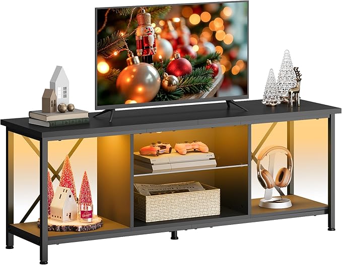 WLIVE TV Stand up to 65 Inch TV, 55" Entertainment Center with LED, Industrial TV Console with Glass Shelf for Living Room and Bedroom, Black