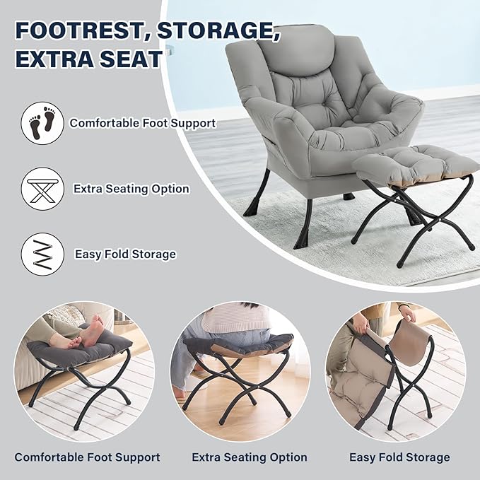 Lazy Chair with Ottoman, Modern Accent Chair Contemporary Lounge Leisure Sofa Chair with Armrests, Reading Chair and Folding Footstool Set for Living Room, Bedroom, Office, White Grey