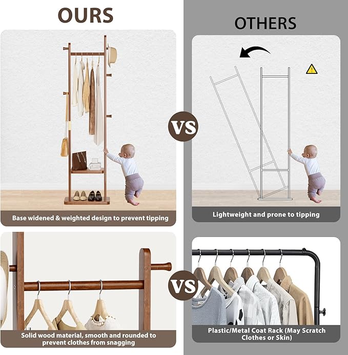 Solid Wood Coat Rack Clothes Rack, Coat Rack Freestanding with 2 Shelves and 5 Hooks, Heavy Duty Coat Tree for Entryway, Living room, Coat Hanger Stand for Hats, Bags Clothes(Walnut Brown)