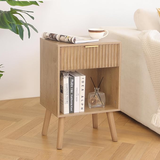 Night Stand with Drawer, Mid Century Nightstand with Storage, Modern Fluted Bedside Table Bedroom Living Room for Small Space, Office (Rustic Walnut)