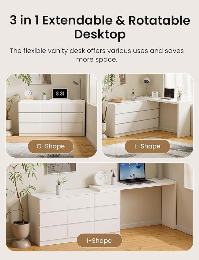 9 Drawer Vanity Dresser Combo with Extendable Table & L-Shaped Desk, White MDF Large Dresser with Deep Storage for Bedroom, Adjustable Desk and Vanity Combo for Small Spaces