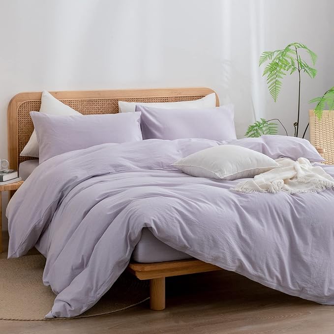 BESTOUCH Duvet Cover Set 100% Washed Cotton Linen Feel Super Soft Comfortable Chic Lightweight 3 PCs Home Bedding Set Solid Taro Purple Full/Double
