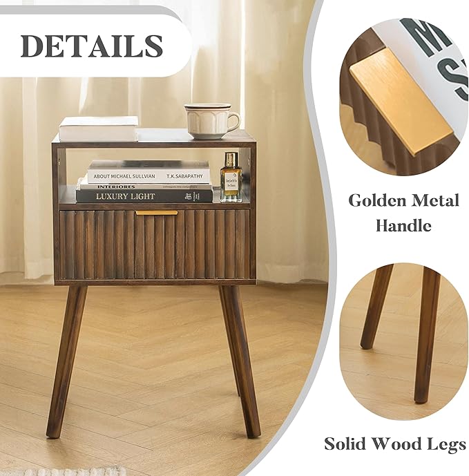 Walnut Nightstand, Wooden Bedside Table with Fluted Drawers and Open Shelf, Night Stand Wood for Bedroom, Dorm and Small Space (Rustic Brown)