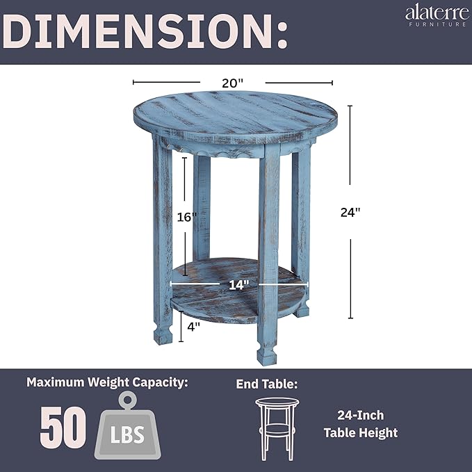 Rustic Cottage Round End Table w/ 1 Shelf - 25 in. W x 20 in. D x 24 in. H - Distressed Blue - Assembly Required - Select Hardwoods with Wood - Living Room Furniture - Solid Wood
