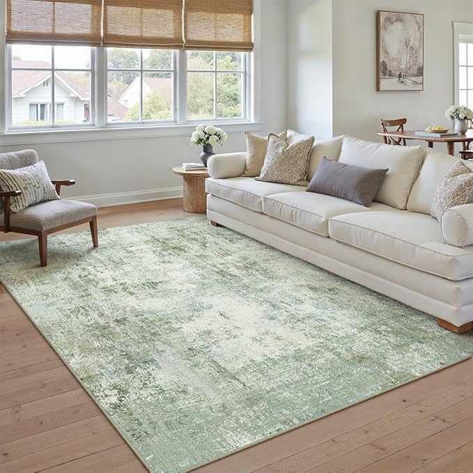 6x9 Washable Area Rug Green Modern Neutral Abstract Living Room Bedroom Indoor Floor Carpet Low Pile Soft Non-Slip Lightweight Vacuumable Throw Rug for Nursery Dining Room Office