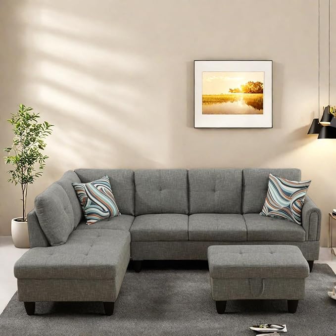 L Shaped Sectional Couches, Lounge Modular Sectional Sofa for Living Room Bedroom Furniture, Comfortable 4 Seat Couch with Ottoman Storage & Chaise, Grey