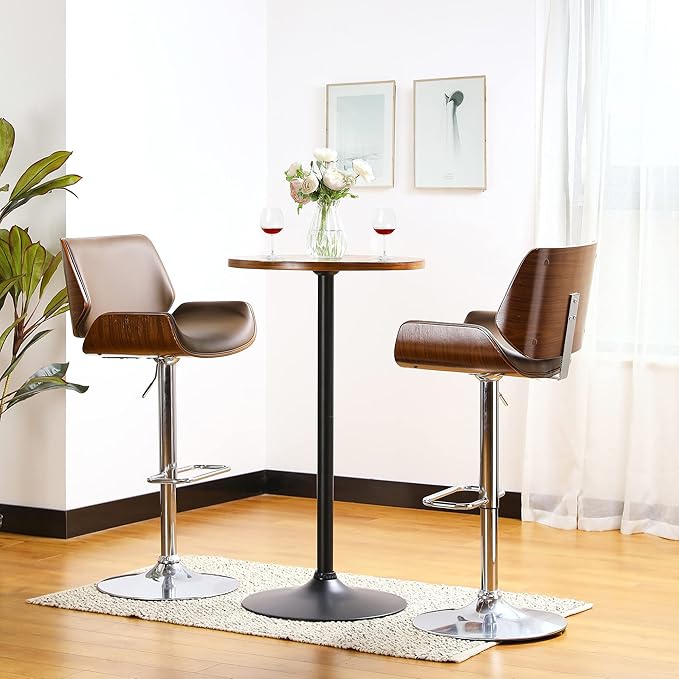 Glitzhome 39.5" H Round Pub Bistro Table, Round Bar Table Wood Top with Black Metal Leg and Base, Walnut Veneer Finish Cocktail Top Tall Table for Kitchen Island,Furniture (Walnut)