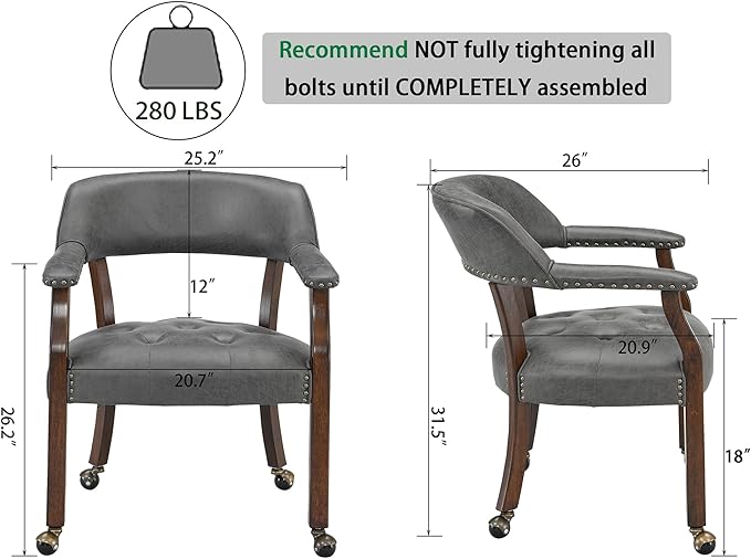 LEEMTORIG Large Dining Chairs with Casters and Arms, Rolling Dining Chairs with Wheels, Accent Wood Boss Caption's Chairs, 26" D x 25.2" W x 31.5" H, Cherry Legs & Dark Grey Fabric SY-1533-GY