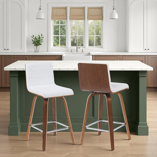 Vienna Modern Counter Height Swivel Bar Stool with Snow White Faux Leather Seat and Walnut Finished Wood Frame Set of 3
