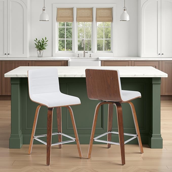 Vienna Modern Counter Height Swivel Bar Stool with Snow White Faux Leather Seat and Walnut Finished Wood Frame Set of 4