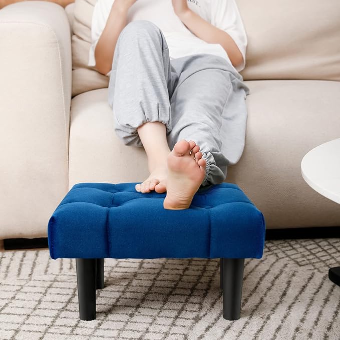 HOUCHICS Small Footstool Ottoman, Velvet Wooden Foot Stool Ottoman with Wood Legs, Sofa Footrest Extra Seating for Living Room Entryway Office(Blue 2PACK)