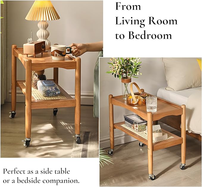 Rattan Side Table with Wheels, Small End Table with Storage, Narrow Wooden Bed Side Table for Living Room, Modern Slim Sofa Nightstand, 23.43" W*12.99" D*19.69" H, (Natural)