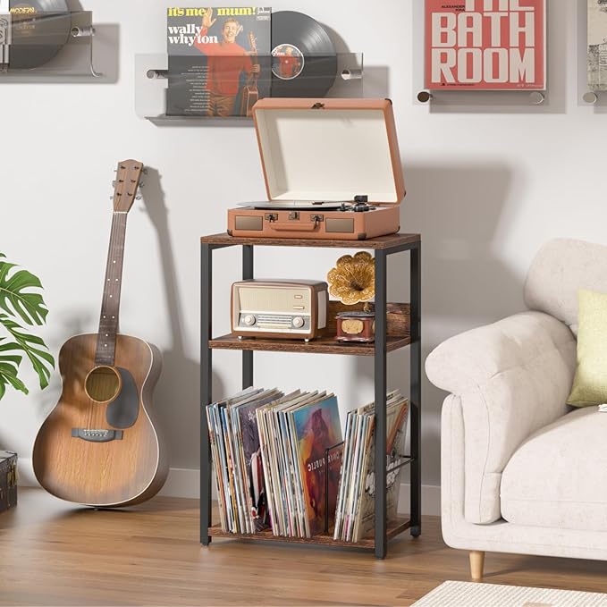 LELELINKY Record Player Stand Set of 2, 3-Tier End Side Table with Vinyl Record Storage, Vinyl Record Holder Up to 120 Albums, Turntable Stand with Vinyls Storage for Music Living Room