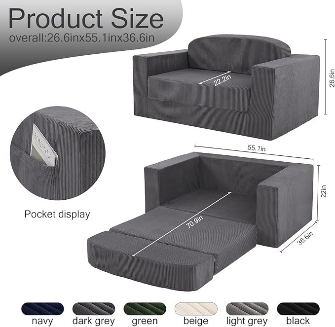 MeMoreCool Convertible Sofa Bed, Pull Out Loveseat Sleeper Sofa, Small Boneless Cloud Couch Bed for Adults, Fold Out Foam Love Seat Grey, Corduroy Folding Floor Couch for Bedroom