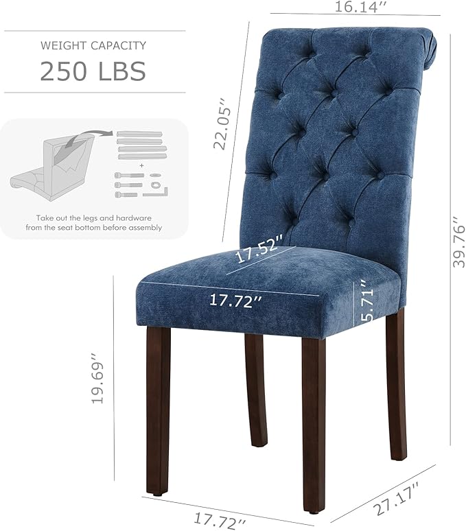 COLAMY Button Tufted Dining Chairs Set of 6, Parsons Upholstered Fabric Dining Room Chairs Kitchen Chairs with Wood Legs and Padded Seat, Blue
