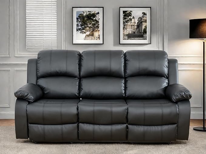 Leather Recliner Sofa Couch, 3-Seater Home Theater Seating Reclining Sofa, Power Reclining Couch with Cup Holders & Drop Down Table for Living Room Furniture Sets, Black