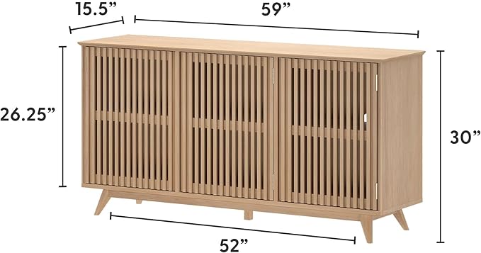 Plank+Beam Mid-Century Modern Wood TV Stand, Three Door Solid Wood Entertainment Console with Storage, 59" L x 16" W x 30" H, Blonde