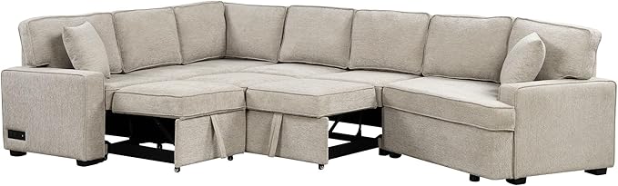 126" Extra Large Pull-Out Sofa Bed with Drop-Down Cup Holder Tables,L-Shaped Sectional Cozy Couch W/Charging Device,Convenient Sleeper Furniture Set for LivingRoom Apartment,Black Chenille