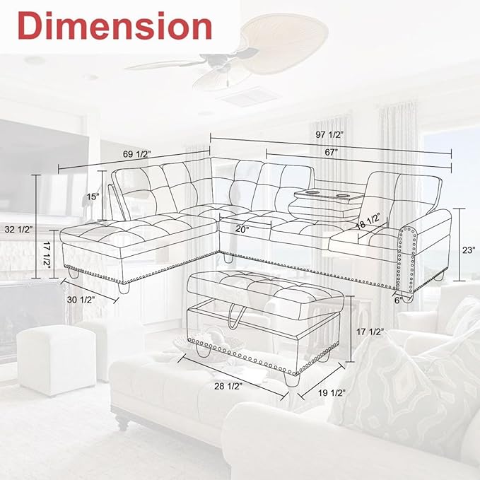 LeatherL Shaped Couch with Ottoman, Modern Nail-Head Design Comfy Sectional Sofa with Cup Holder & Chaise for Living Room, Bedroom, Office, Red