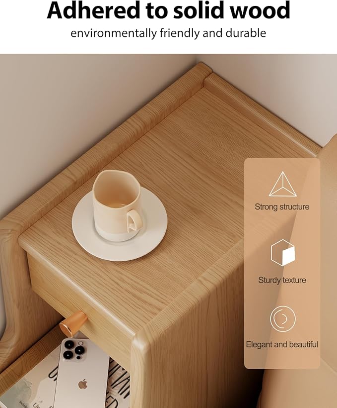 Narrow Nightstand with 3 Drawers,Solid Wood Small Nightstand Natural, Modern Small Bedside Tables for Bedroom(Fully Assembly)