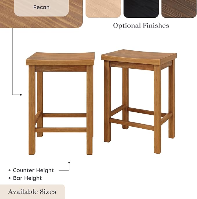 Grain & Grove Smith Collection Set of 2 Solid Wood Counter Height Bar Stools, 24-Inch Saddle Seat Backless Stools, Ideal for Kitchen Island, Dining, or Home Bar Seating, Pecan