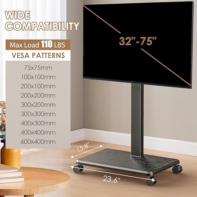 Rolling TV Stand Portrait for 65 70 75 Inch TVs, Tilt and Swivel Mobile TV Cart on Wheels up to 110 Lbs, 6 Height Adjustable PortableTV Stand, Max VESA 600x400mm