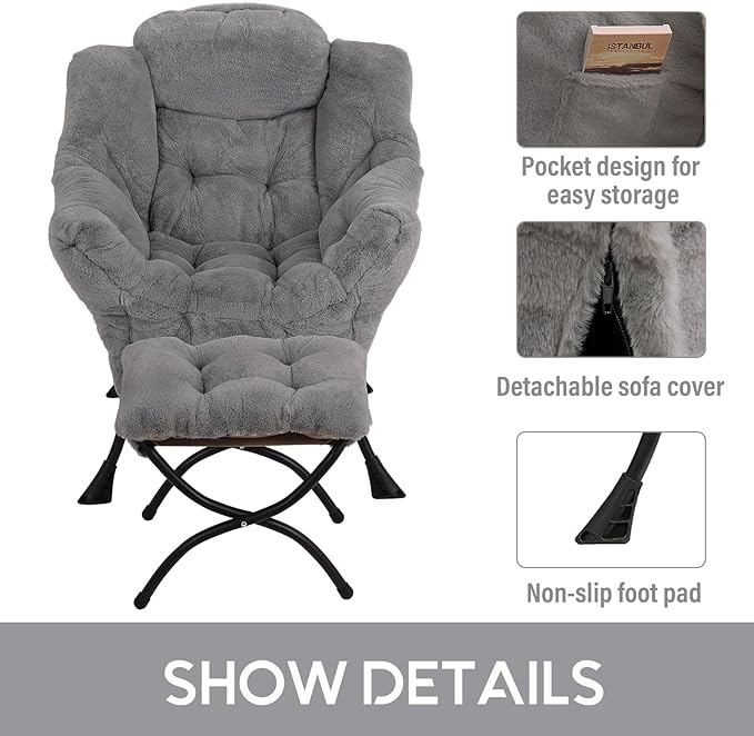 LITA Lazy Chair with Ottoman, Modern Accent Leisure Upholstered Sofa, Contemporary Lounge Reading Chair with Armrests and a Side Pocket for Living Room, Bedroom & Small Space, Plush Grey