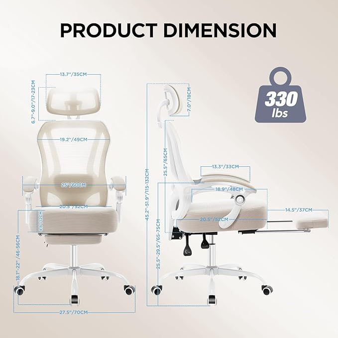 Ergonomic Office Chair with Footrest,Ultra Thick Reclining Desk Chair with Adjustable 2D Lumbar Support and Headrest,Spring Cushion,High Back Premium Mesh Computer Chair,Cream