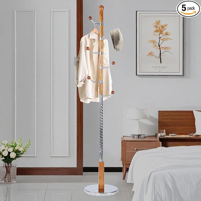 Coat Rack Freestanding, Metal Wooden Coat Tree with 6 Hooks, Heavy Duty Coat Hanger Stand with Resin and Stainless Steel Base, Free Standing Hall Tree for Scarf, Bag, Jacket (Metal)