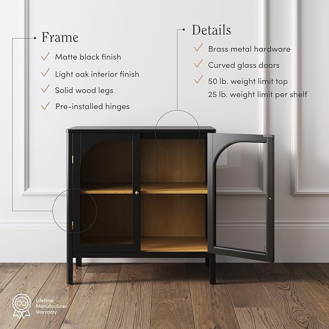 Nathan James Mason Storage Cabinet Accent Sideboard Buffet Credenza TV Stand with Glass Doors and Adjustable Shelf in Black Wood for Dining Room, Entryway and Living Room, Clear Glass/Black, Set of 4